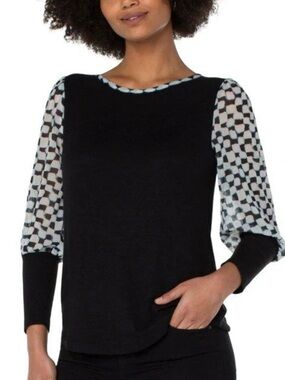 Liverpool Black Top with Patterned Sheer Contrast Sleeves